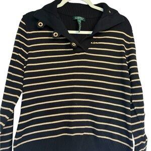 Lauren Ralph Lauren Black and Gold Striped Cowl Neck Sweater